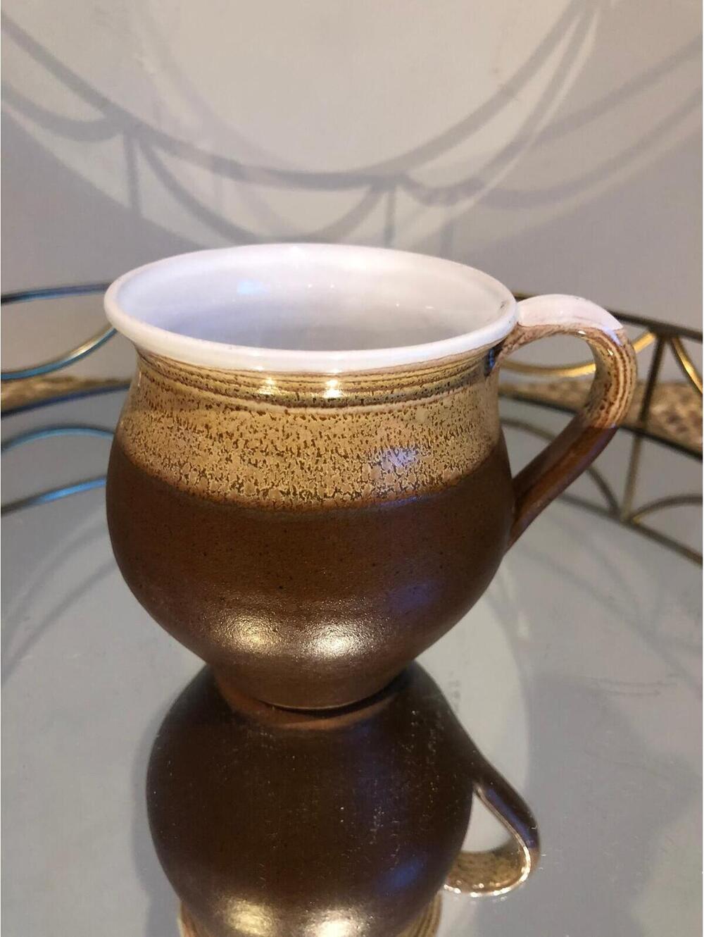 Stamped Maria Veselovska Pottery Slovakia brown & cream vase/mug pottery